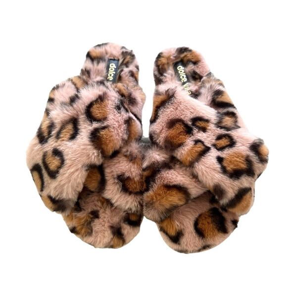 Dolce Vita Leopard Print Faux Fur Cross Band Slippers Womens Cozy Plush Slides 6 - Picture 6 of 8